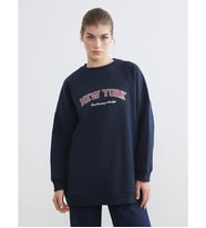 LCW Modest Lacivert Baskılı Oversize Kadın Kalın Sweatshirt Tunik