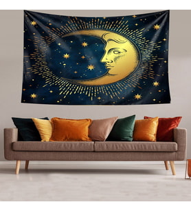 Hilal Ay Gökyüzü Leke Tutmaz Kadife Dokulu Kumaş Duvar Örtüsü Duvar Halısı Tapestry (Lacivert-Sarı)