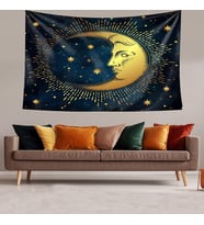 Hilal Ay Gökyüzü Leke Tutmaz Kadife Dokulu Kumaş Duvar Örtüsü Duvar Halısı Tapestry (Lacivert-Sarı)