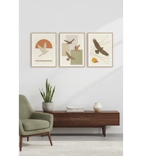 Minimalist Kuş Sanatı 3’lü Ahşap Çerçeveli Tablo Seti
