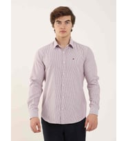 Bordo Erkek Slim Fit Çizgili Brent Yaka Uzun Kol Gömlek