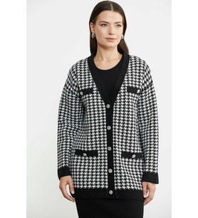 Kazayağı Motif Oversize Triko Ceket - Siyah