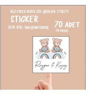 İkiz Erkek Bebek Çikolata ve Süs Etiketi 70 Adet Yapışkanlı