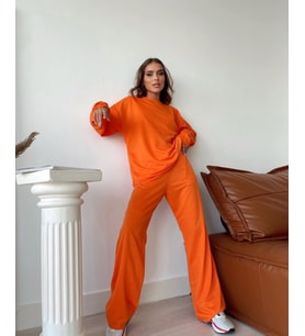 Kadın Geniş Yaka Beli Lastikli Cepli Önü Dikişli Iki Iplik Alt Üst Takım (Turuncu)
