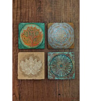 Taş Bardak Altlığı Lotus, Siri Yantra Baskılı Baskılı 4'lü Set - Stone Coasters