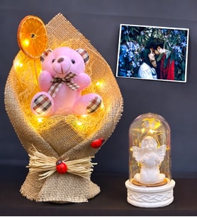Size Özel Fotoğraflı Set  Işıklı Pembe Ayıcık Buketi & Işıklı Beyaz Melekli Fanus