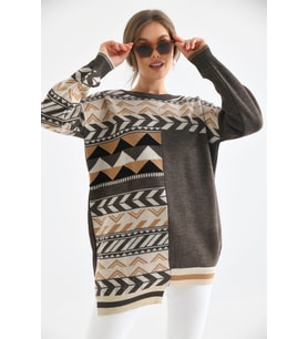 FTZ Women Kadın Etnik Desen Bluz Kahve 21-6269