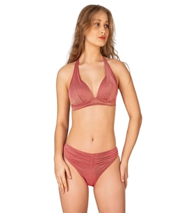 Endeep Kadın Ön Büzgü Detaylı Yarım Dolgulu Simli Pembe Bikini Takımı