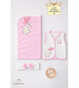 Kız Bebek 3’lü Set Pamuklu Kalp Jakar Desenli Fil Baskılı Yelek ,Battaniye ,Saç Bandı,Yenidoğan Seti (Pembe-Ekru)
