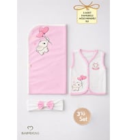 Kız Bebek 3’lü Set Pamuklu Kalp Jakar Desenli Fil Baskılı Yelek ,Battaniye ,Saç Bandı,Yenidoğan Seti (Pembe-Ekru)