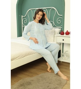 Saray Incisi Göğüs Dantel Detaylı Kadın Hamile Pijama Takımı 1032 (Mavi)