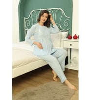 Saray Incisi Göğüs Dantel Detaylı Kadın Hamile Pijama Takımı 1032 (Mavi)