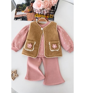 Çiçek Cep Detaylı Peluş Yelekli Kız Bebek 3’lü Takım - Pembe