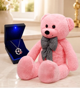 Işıklı Kutuda 925 Ayar Gümüş Rose Gümüş Lale Bahçesi 100 Dilde Seni Seviyorum Kolye ve 80 cm Pembe Peluş Ayıcık Hediye