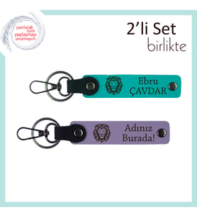 Kaplan Temalı Deri Anahtarlık, Erkek Tarzını Tamamlayan Kişisel İsimli Hediyelik Set, K Turkuaz-Mor