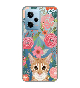 Redmi Note 12 Pro 5G Uyumlu Kedi ve Çiçek Desenli Şeffaf Telefon Kılıfı