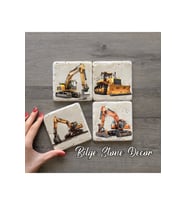 BİLGE tasarım Stone Decor Taş Bardak Altlığı iş makınaları temalı 4'lü Set 10x10x1 Cm desenli