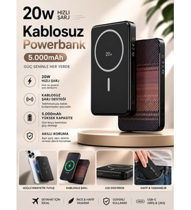 20W Hızlı Şarj Magsafe Powerbank  5000mAh Taşınabilir Şarj Cihazı Type-C Giriş/Çıkış