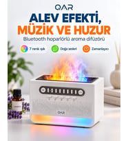 Alev Efektli Aroma Difüzör Beyaz Gürültü Sesli Hoparlörlü 7 Renk LED Işıklı Dekoratif Hava Nemlendirici Buhar Makinesi Ses Seviyesi Ayarlı