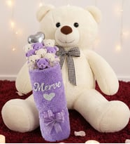 90 Cm Peluş Ayı & Kişiye Özel İsim Yazılı Peluş Silindir Vazo da 9'lu Pembe Ayıcık Buketi Seti Kıza, Eşe, Sevgiliye Hediye (Beyaz)