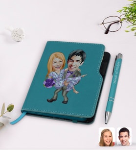 BK Gift Kişiye Özel Sevgililer Karikatürlü Turkuaz Termo Deri Defter Kalem Seti-56