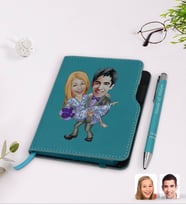 BK Gift Kişiye Özel Sevgililer Karikatürlü Turkuaz Termo Deri Defter Kalem Seti-56