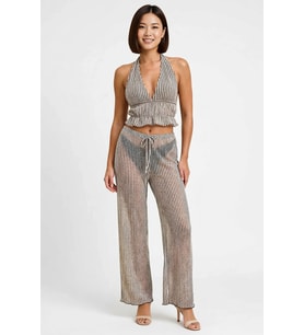 Kadın Büyük Beden Yaka Crop Top Pantolon Takımı Simli Örme Çizgili Plaj Koleksiyonu Günlük