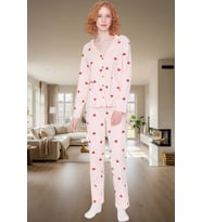 Kışlık %100 Pamuklu Pijama Takımı Kalpli Desenli Rahat Profesyonel Görünüm Ve Şık (Pembe)