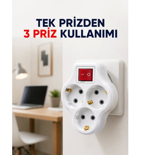 Tek Prizi 3’lü Yapan Anahtarlı Priz Adaptörü Topraklı Priz Çoğaltıcı