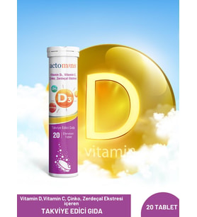 ACTOMINS® Vitamin D3 20 Efervesan Tablet   Vit D3, Vit C, Çinko, Zerdeçal İçeren Takviye Edici Gıda (Beyaz)