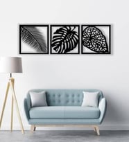 Dekoratif Ev 3'lü Yaprak Set Duvar Dekoru MDF Tablo (Siyah)
