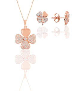 Gümüş rose zirkon taşlı yonca kolye ve küpe ikili set SGTL11667ROSE