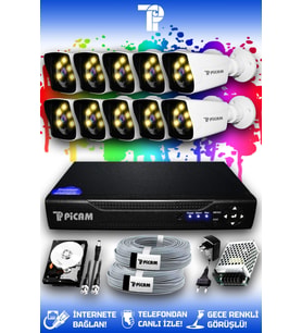 PICAM 10 Kameralı Kare 10 Dış Kamera Set 320 GB HDD Full HD Renkli Gece Görüşlü Güvenlik Kamerası Sistemi