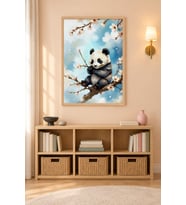 Çiçekli Dalda Panda Mavi Gökyüzü Ahşap Çerçeveli Duvar Tablosu