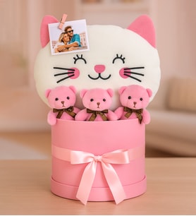 Kişiye Özel Sevimli Kedi Yastık Ve Peluş Ayıcık Hediye Seti (STD)