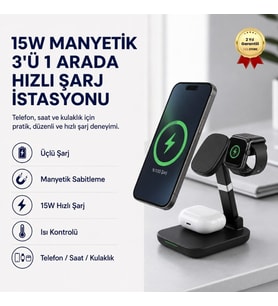 Şarj Standı 15W Manyetik 3'ü 1 Arada Hızlı Şarj İstasyonu -Tüm Akıllı Telefonlar, İphone Watch ve
