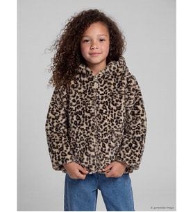 LCW Kids Kahverengi Kapüşonlu Leopar Desenli Kız Çocuk Pelüş Mont