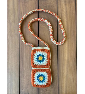 El Yapımı Granny Square Telefon Çantası - Turuncu Mavi Motifli Omuz Askılı Çanta