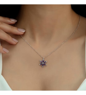 Pırlanta Modeli Mor Taş Lotus Kolye 925 Ayar Gümüş