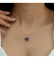 Pırlanta Modeli Mor Taş Lotus Kolye 925 Ayar Gümüş