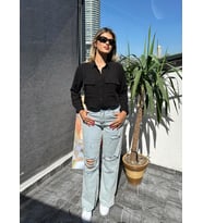 002317 Casual Düz Uzun Kollu Crop Poplin Kadın Gömlek  (Siyah)