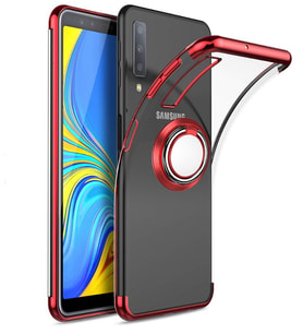 Galaxy A7 2018 Kılıf Kenarları Renkli Yüzüklü Manyetik Silikon (Kırmızı)