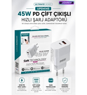 Ultimate UPD4145 45W PD Çift Çıkışlı Hızlı Şarj Adaptörü USB Şarj Cihazı