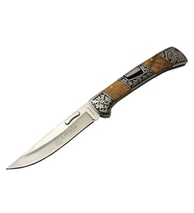 A3159-d Kahverengi Kamp Çakı 23,5cm- Ahşap Sap, Kaplan İşlemeli, Kemerlikli