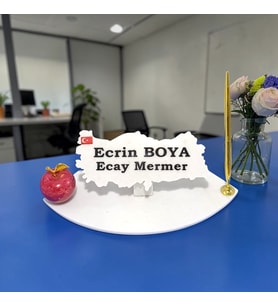 Sümen Ofis Doğal Beyaz Mermer İsimlik Haritalı Gold Tek Kalem ve Mermer Kırmızı Elma Figürü
