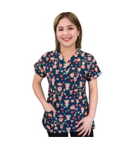 Unisex Kabaklı Baykuş Desenli Likralı Cerrahi Doktor Hemşire Scrubs Üniforma Takım (Mavi)