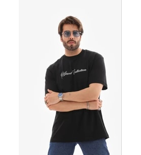 pilelistore- Erkek Baskılı T-Shirt Kısa Kol Bisiklet Yaka Regular Fit Rahat Kalıp Günlük Tişört - Si (Siyah)