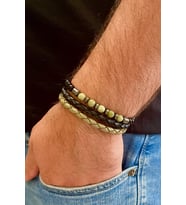 %100 Deri&Hematit Kombinli 3lü Erkek Bileklik Set 21 cm (Türk El Üretimi) (Siyah-Yeşil)