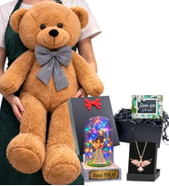 Büyük Boy Kahve Peluş Ayıcık, Kişiye Özel Renkli Işıklı Fanus ve Anka Kuşu Kolye Seti (Model 3)