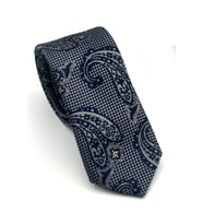 Gri Şal Desenli Lacivert Dokuma Kumaş Mendilli Slim Fit Kravat // SDK-2606-3
